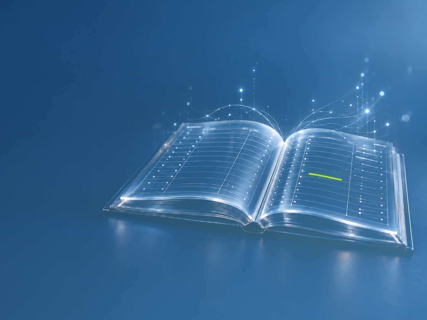 Ein aufgeschlagenes gläsernes Hauptbuch, aus dem Lichtfäden aufsteigen; eine Zeile leuchtet grün.