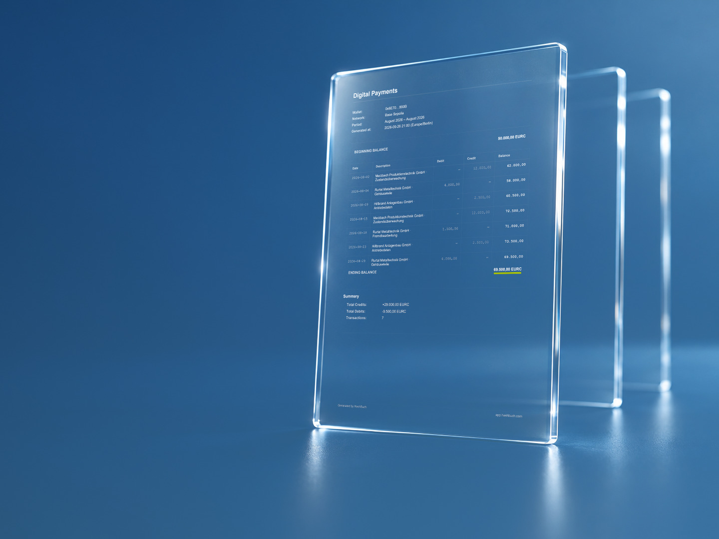 Ein Kontoauszug von HashBuch Digital Payments auf einer Glastafel, dahinter zwei weitere Tafeln für die Vormonate.