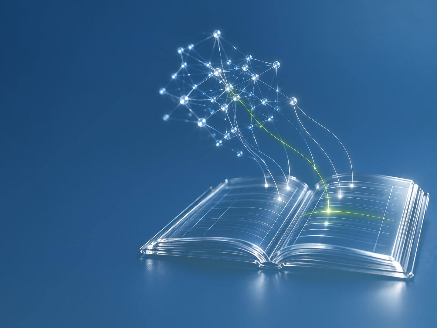 Lichtfäden aus einem Netz fließen in ein aufgeschlagenes gläsernes Buch.